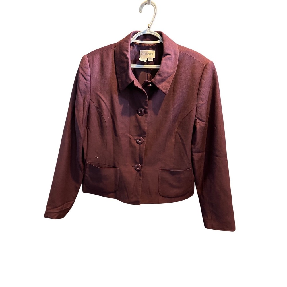 Chadwicks Womens 16 Burgundy 100% Wool 3 Button Blazer Jacket Professional Plum